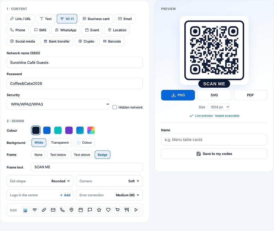 Wi-Fi kodu: ağ adı Sunshine Café Guests, şifre ve şifreleme WPA/WPA2/WPA3, SCAN ME yazılı Badge çerçevesi.