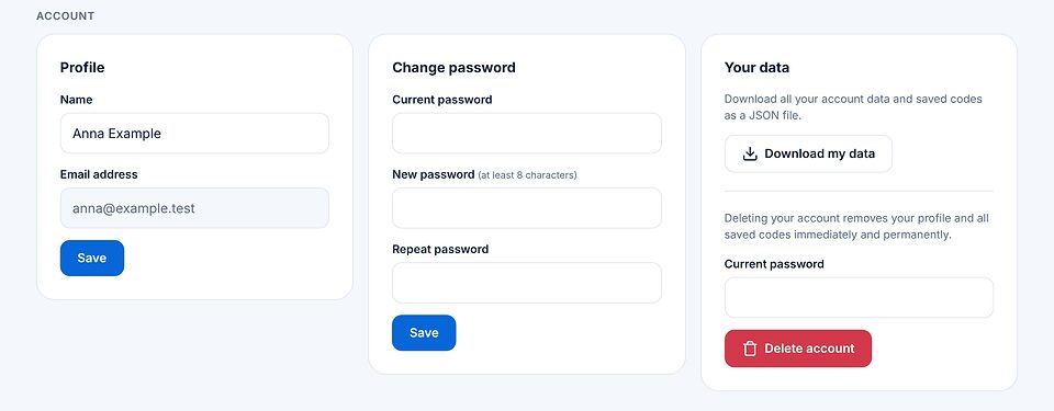 Profil, şifre değiştirme ve verilerimi indir ile hesabı sil seçenekleri olan verileriniz bölümüyle hesap alanı.